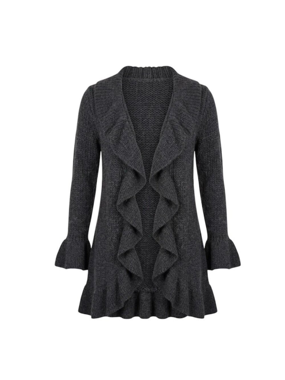 Style & Co Gray Ruffle Open Front Cardigan Bell Sleeve Knit Wool Blend Size L